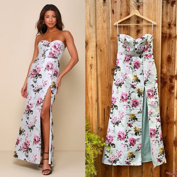 Light Sage Green and Pink Floral Jacquard Bustier Maxi Dress 🌿 - Picture 1 of 12